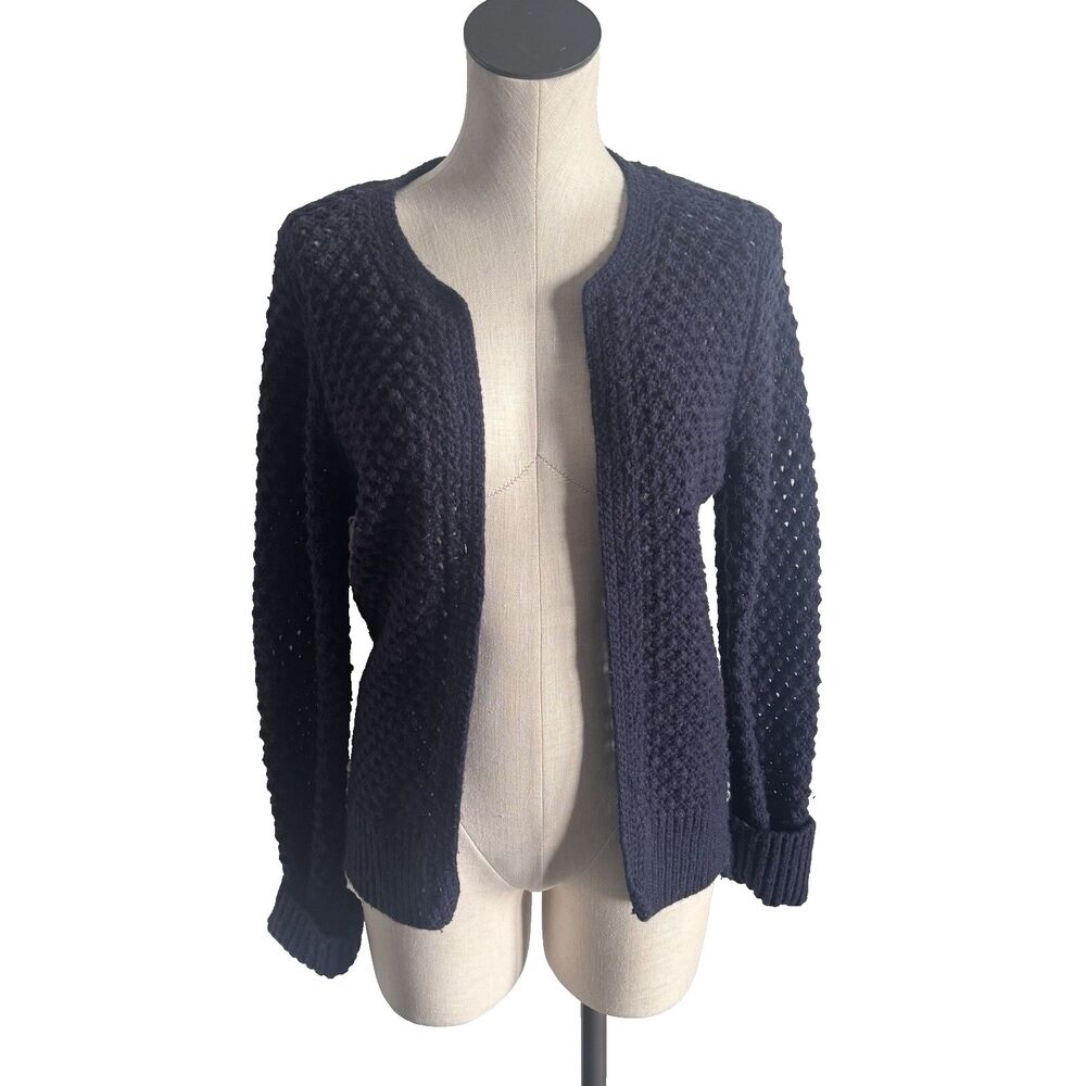 L.L. Bean Navy Blue Wool Rabbit Hair Blend Open Knit Cardigan Sweater Medium
